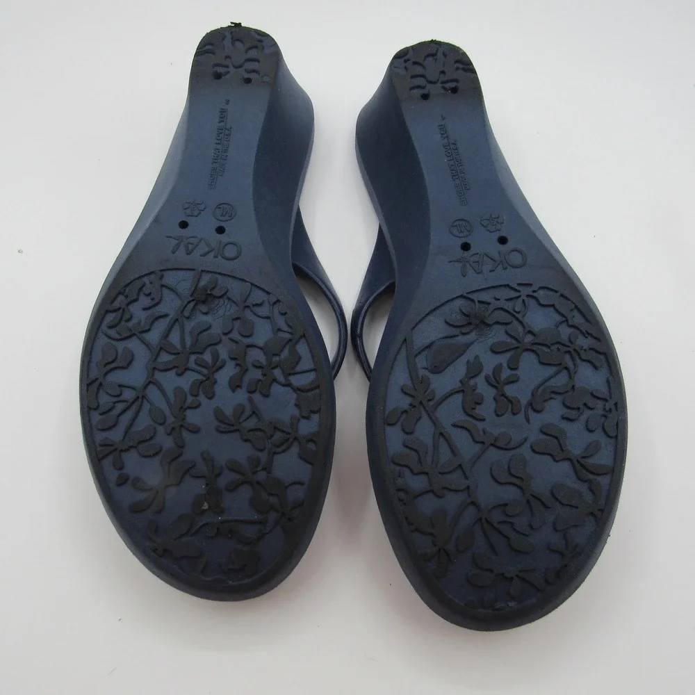 Oka-B Wedge Flip Flops Womens ML Navy Blue Rhinestone Medallion‎ Thong